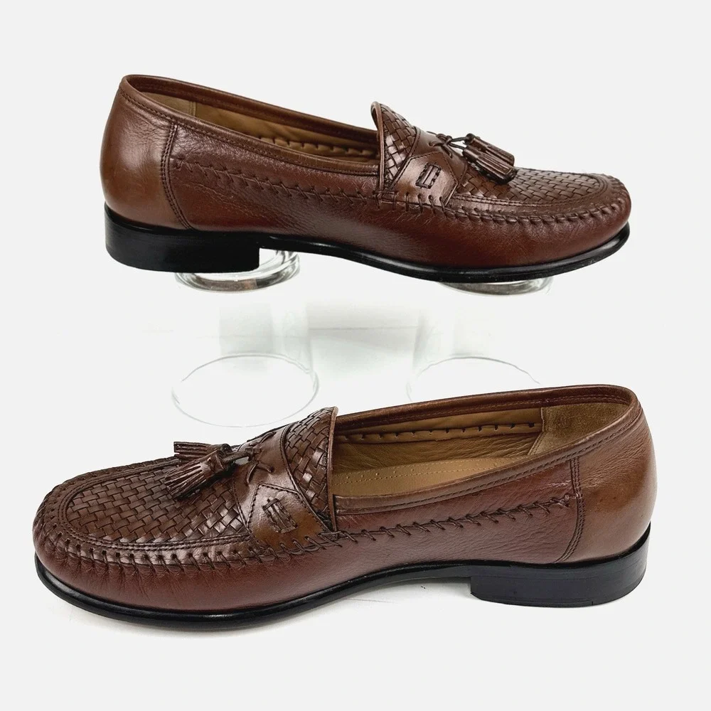 Brass Boot Woven Leather Tassel Loafer Dress Shoe Men US 10 M Sheepskin Lining